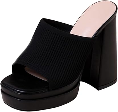 Womens Stretch Knitted Platform Chunky Heels Sexy Sandals Fashion Square Open Toe Block High Heeled Slip-On Y2K Slippers Summer Comfortable Slip On Party Dress Pump Mules Shoes