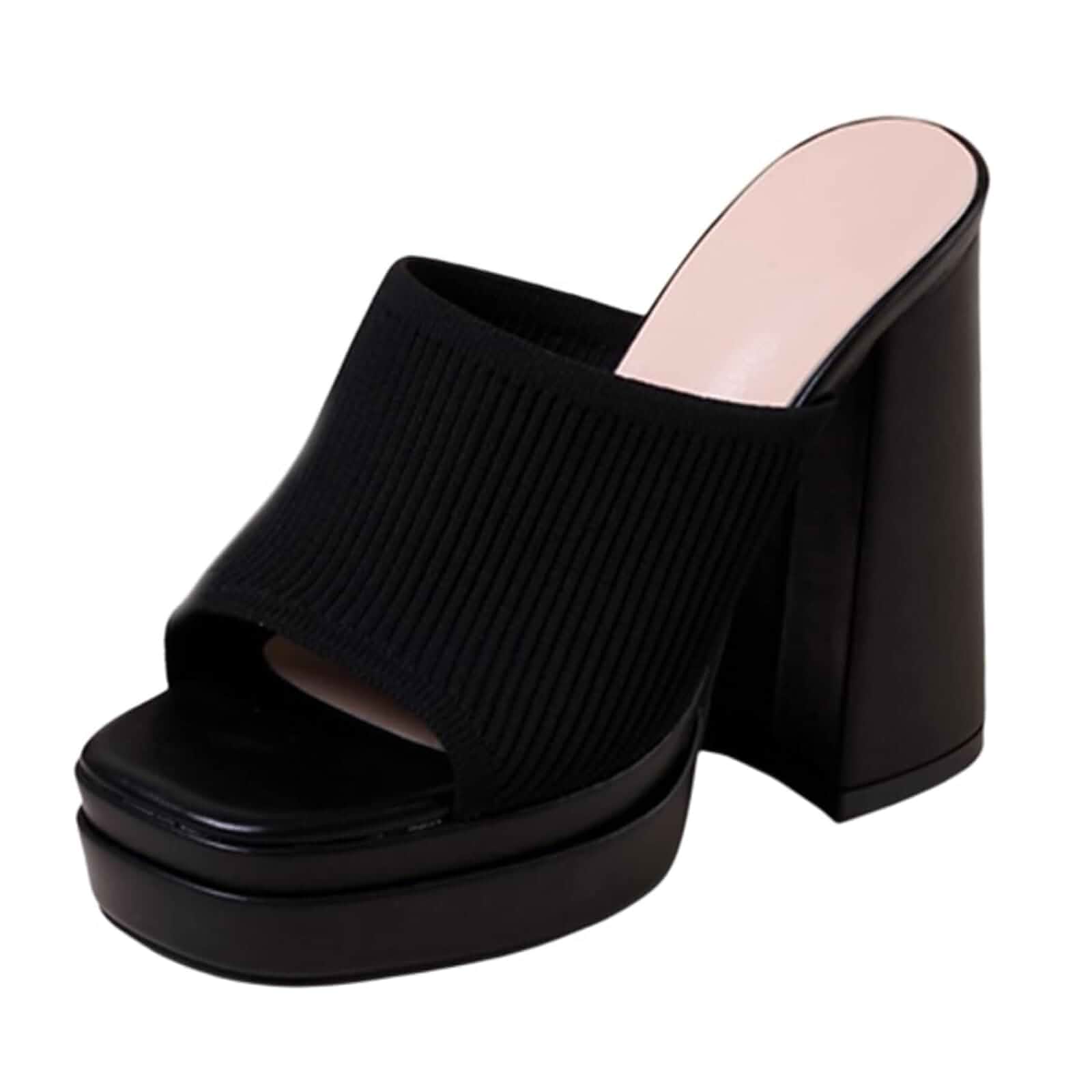 Women's Stretch Knitted Platform Chunky Heels Sexy Sandals Fashion Square Open Toe Block High Heeled Slip-On Y2K Slippers Summer Comfortable Slip On Party Dress Pump Mules Shoes