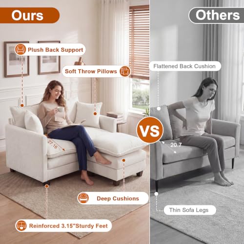 Image of 50'' L-Shape Loveseat Sofa with 22 inch Ottoman, 2 Seat Modern Cloud Couch with 2 Washable Pillows for Small Space Apartment Office Living Room Bedroom, Beige