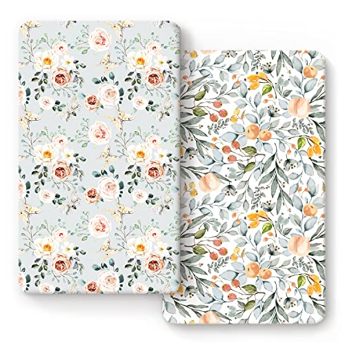 Stretchy Ultra Soft Jersey Knit Fitted Crib Sheets Set 2 Pack，Fits All Standard Crib Mattress Pads Safe and Snug, Watercolor Flowers and Fruits