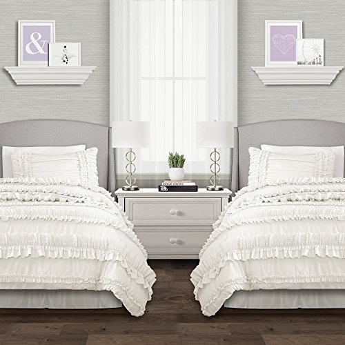Image of Lush Decor Belle Comforter Twin XL Size 3 Piece Set White - Twin Dorm Bedding Set - White Comforter - Coquette Dorm Decor - College Essentials