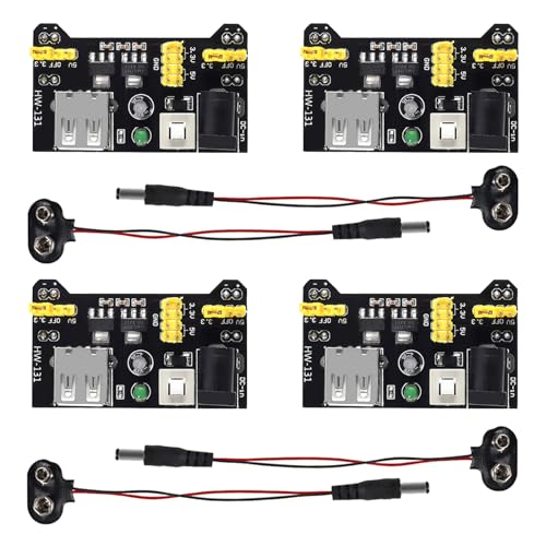 AEDIKO 4pcs MB102 Solderless Breadboard Power Supply Module 3.3V/5V with 4pcs 9V Battery Clip Buckle T-Type Power Cable Male 2.1MM DC Jack Plug