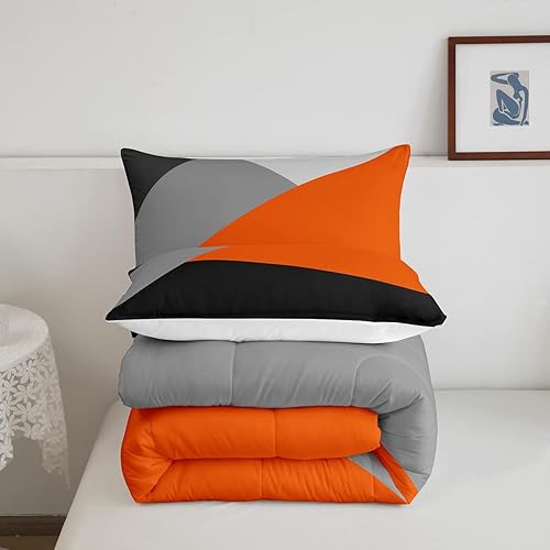 Miniatura 5 de Juego de edredón naranja y gris, juego de ropa de cama de retazos geométricos triangulares, naranja, negro, gris claro, edredón de plumón para niños