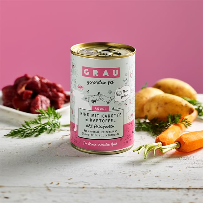 GRAU – das Original – Nassfutter für Hunde - Rind mit Karotte & Kartoffel, 6er Pack (6 x 200 g), Monoprotein, getreidefrei, für Sensible Erwachsene Hunde