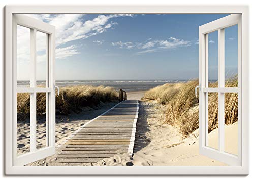 ARTLAND Wanddeko Leinwand Bilder Wandbild 100x70 cm Fensterblick Fenster Strand Meer Maritim Düne Leuchtturm Nordsee Langeoog T5RQ