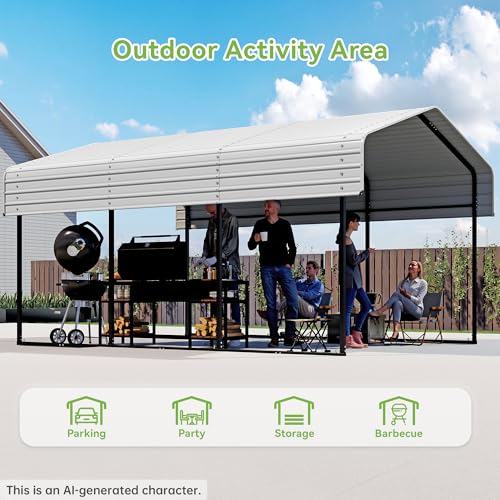 Image of Real Relax 10x15FT Heavy Duty Metal Carport, Outdoor Carport Canopy with Galvanized Steel Roof and Reinforced Base for All-Weather, Garage Shelter Shade for Trucks, Boats, Party, Cream White