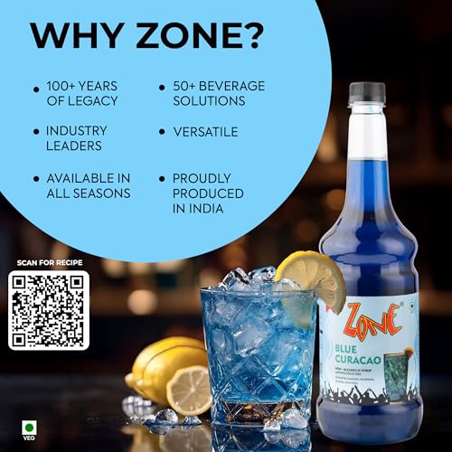 Image of Zone Blue Curacao Flavoured syrup 1000ml - Tropical Blue Citrus syrup for Mocktails, Cocktails, Coolers, Sodas, Lemonades & Summer Drinks | 1 Litre - More Servings, Perfect For Cafe Restaurants & Professional Use