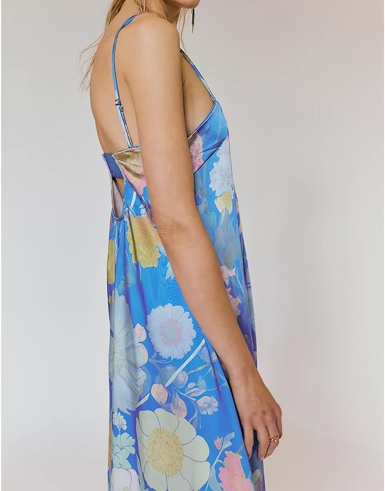 Women Floral Maxi Dress Spaghetti Straps V Neck Lace Patchwork Flowy Tiered Wedding Guest Long Dresses - Image 3