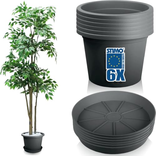 Stimo 6X Blumentopf 34cm mit Untersetzer 30cm Pflanzkübel Grau Kunststoff Pflanztopf Rundtopf (Anthrazit)