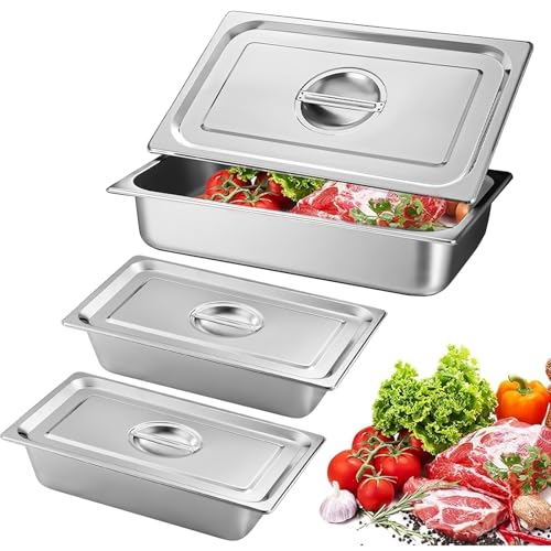 Lot De 3 Bac Inox Alimentaire, Récipients en Acier Inoxydable avec Couvercle, Plat Four Rectangulaire, Plats à Four en Acier Inoxydable, Récipient Gastronorme Alimentaire, 32,5 x 17,5 x 6,5 cm