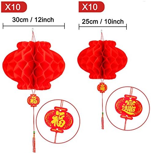 Whaline 20 Pcs Red Chinese Lanterns, 12 and 10 Inches Red Paper Lanterns Hanging Decorations for Chinese New Year, Spring Festival, Lantern Festival Celebration Supplies