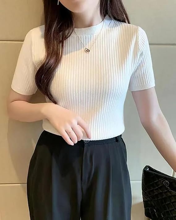 Image of Slim Fit Plain Stretchable Round Neck Rib Knit Short Sleeve Regular Top for Women | T Shirt | Tee