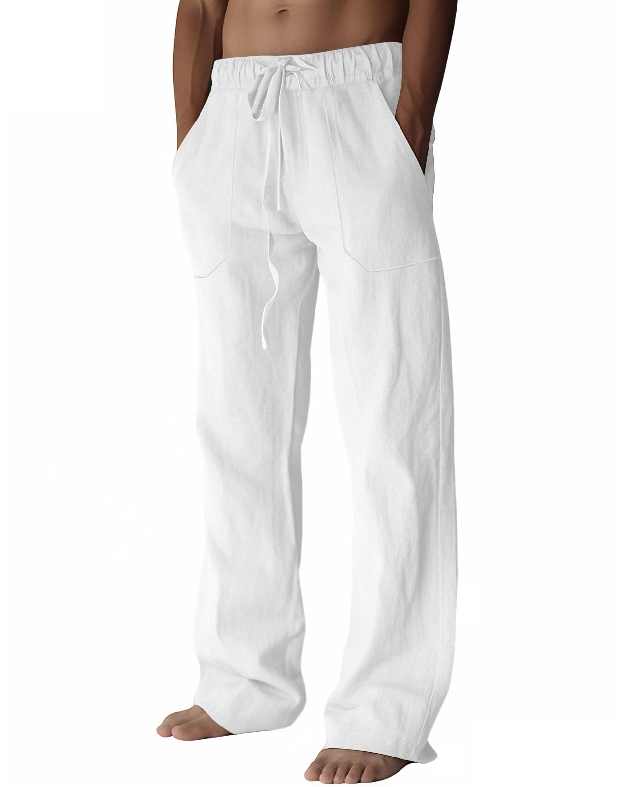 Mens Linen Pants Summer Cotton Beach Trousers Casual Lightweight Elastic Drawstring Waist Yoga Pants
