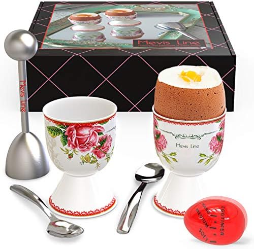 Mevis Line Egg Cups for Soft Boiled Eggs, Includes 2 Egg Holder, 2 SS Spoons, 1 Egg Timer and 1 SS Egg Topper Cracker