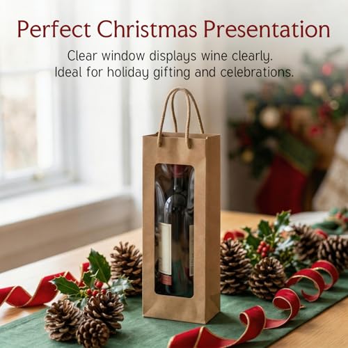 Bolsas de regalo de vino con ventana transparente UNGFEI, papel kraft resistente, x20 5
