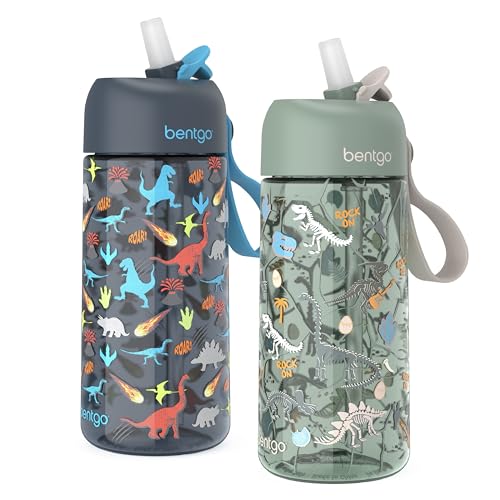 Bentgo Kids Water Bottle 2-Pack - Leak-Proof Durable Tritan BPA-Free 15 oz Cup for Kids/Toddlers Ages 3+; Bite & Sip Spout + Dishwasher Safe for School/Sports/Daycare/Camp (Dinosaur/Dino Fossils)