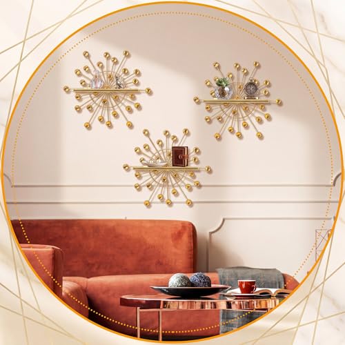 Image of Yaocom 3 Pcs Crystal Floating Shelves, Bling Sparkle Metal Starburst Wall Decor Shelves, Gold Folding Wall Mounted Storage Shelf for Bedroom Bathroom Living Room Kitchen Office
