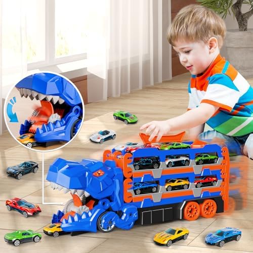 BLmukce Dinosaur Race Track Toys for Kids 3-5 | 59" Dual Track Transport Truck with 12 Die-Cast Cars | Swallow & Race Action | Carrier Truck Toy Birthday Gift for 4 5 6+ Years Old Boys & Girls Toys - 3