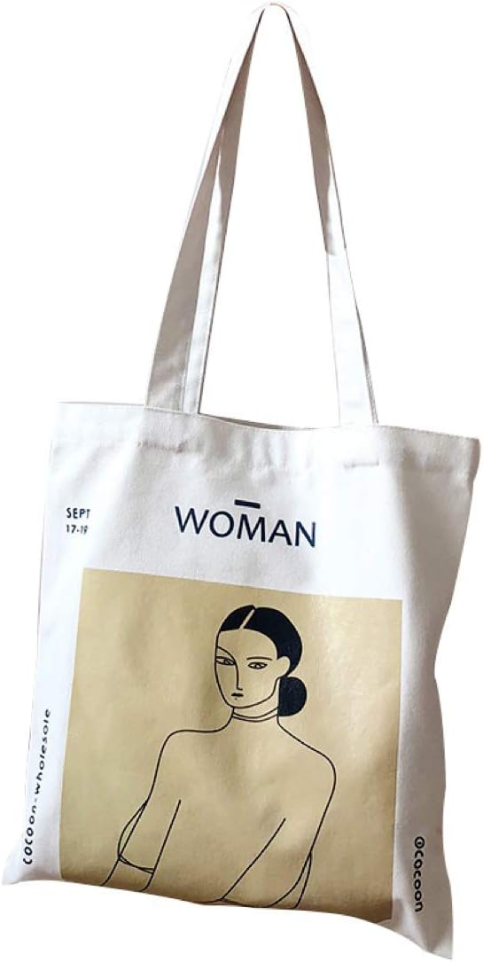 Woman Cotton Tote Bag with Inner Pocket Printed Artistic Portrait Long Handle Shopper Reusable Fabric Shoulder Bag Eco Style for Daily Use Natural Colour