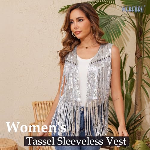 WERFORU Women's Sequin Sleeveless Tassel Vest Western Sequin Tassel Vest Sparkly Fringe Cowgirl Outfit-2