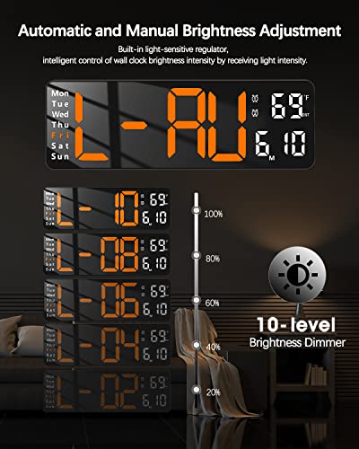 Image of JoFomp Digital Wall Clock - Large 13 Inch LED Display, Alarm, Remote Control, Automatic Daylight Saving Time, Brightness, Date, Week, Timer, Temperature - 12 /24H - for Living Room, Bedroom (Orange)