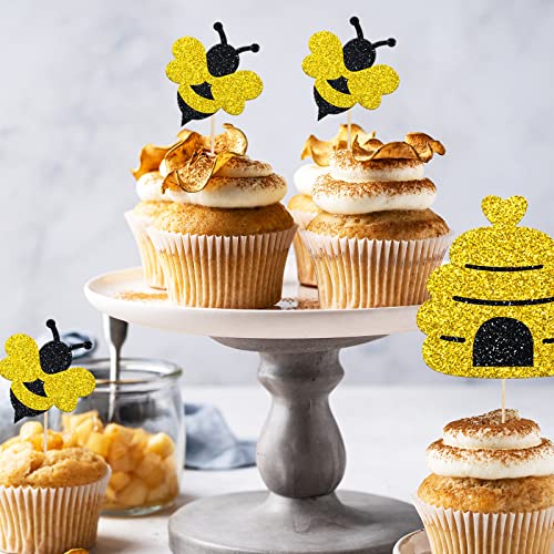 Whaline 64Pcs Glittery Bee Cupcake Topper With Sticks Glue Point Yellow Black Glitter Bee Honeycomb Cupcake Picks Summer Food Picks For Bee Theme Party Supplies Cake Decorations #TOP5