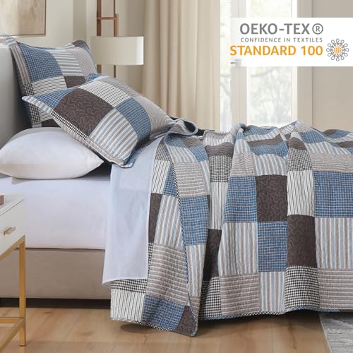 Image of Finlonte Quilt King Size - 100% Cotton Plaid King Size Comforter Set Farmhouse Modern Quilt Bedding Set, Reversible Lightweight Soft Bedspread, Blue Brown Quilted Coverlet All-Season, 3-Piece