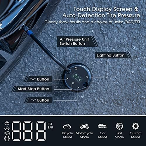 Topcony 150 PSI Mini Rechargeable Cordless Tyre Inflator, 2 * 2600mAh Portable Air Compressor Battery LED Lights LCD Touch Display Handheld Bike Pump for Car, Motorcycle, Ball and Other Inflatables