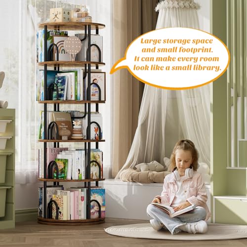 Aheaplus 5 Tier Rotating Bookshelf Tower, 360 Display Spinning Bookcase, Revolving Round Book Shelf Narrow Swivel Bookshelf, Vertical Turning Corner Book Organizer for Small Space, Rustic Brown by Aheaplus - Image 2