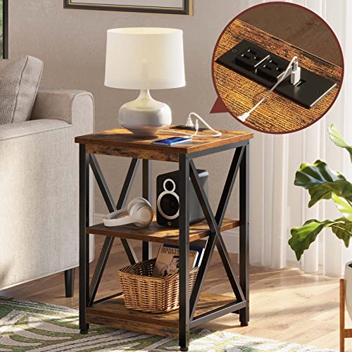 Rolanstar End Table, Sturdy Side Table With Charging Station, 2 Usb Ports, 3 Tier Open Shelf And Large Storage, Stable Frame Beside Table, Nightstands Set Of 2 For Sofa, Living Room (Rustic Brown) #TOP1