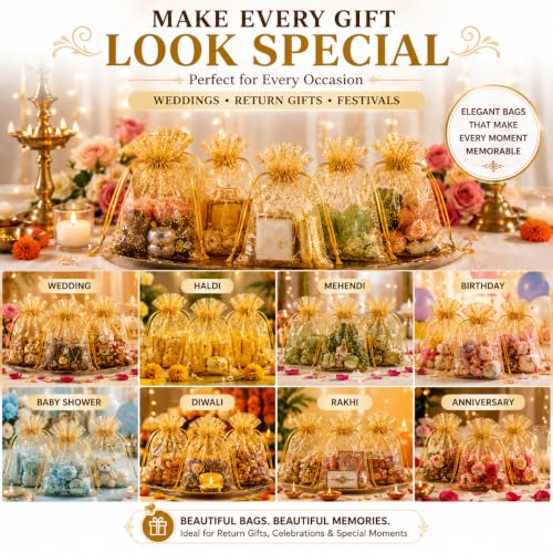 Image of XCLUSY 20PCS (23X30CM)(9x12 inchINCH) Potli Bags for Gifting Big Size - Multipurpose Wedding Return Gift Bags | Party Favour, Birthday, Anniversary, Festive Packing Pouches | Organza, Cloth, Brocade, Fancy Luxury Goodie Bags (9x12 Inch GOLDEN, 1 Count(Pack of 20))