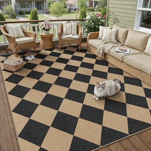 6x9 Checkered Easy Jute Area Rug for Living Room Large Checkerboard Washable Indoor Outdoor Carpet Farmhouse Patio Office Mat Geometric Non Slip Black Carpet for Backyard Dining Room 6' x 9'