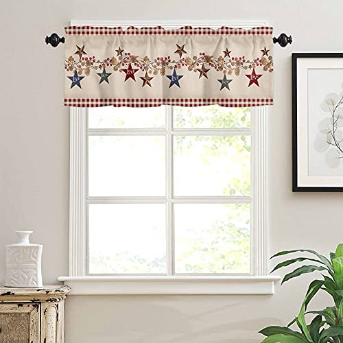 American Country Style 1 Panel Valance Curtain Tier Window Curtain Rod Pocket Insulated Blackout Drape Short 54X18Inch For Kitchen Bathroom Or Small Window, Colorful Stars And Berries Red #TOP2