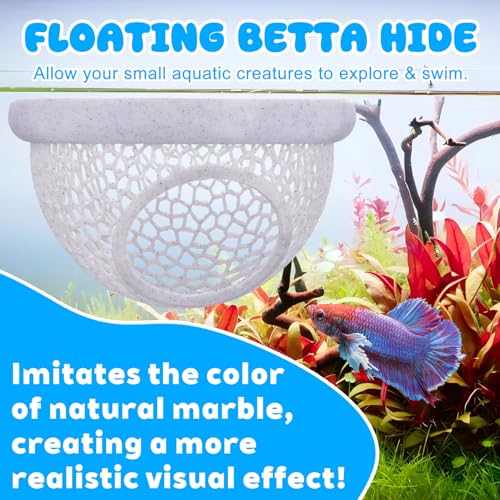 Image of Floating Betta Hide & Shrimp Cave - 3D Printed Aquarium Hammock with Marble Texture, Feeder Ring & Rest Spot for Betta Fish, Nano Tanks, Corydoras, Shrimp - Safe PLA