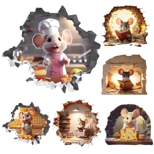6PCS 3D Mouse Hole Wall Decals Peel and Stick,Decorative Wall Stickers, Fun Animal Stickers for Children- Kids Room Bedroom House Nursery Decor