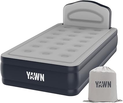 YAWN AIR Self-inflating Airbed - Great Guest Bed, Camping Mattress - Built-in Pump & Headboard - Grey Fabric Material - Available in UK Single, Double and King - Single Size