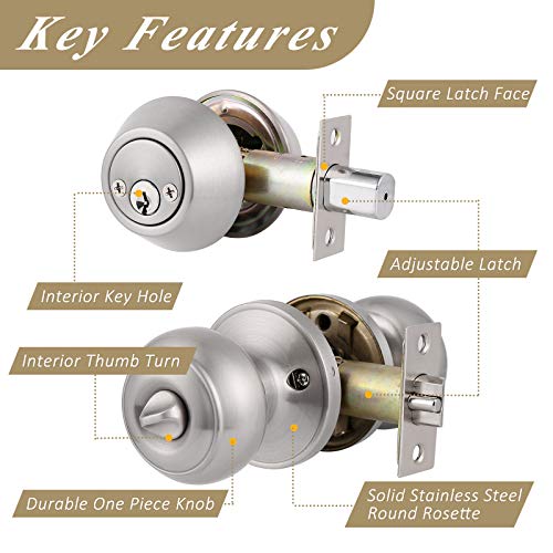 Probrico Keyed Alike Round Ball Entry Door Knob and Double Cylinder Deadbolt Set, Satin Nickel, 1Pack by Probrico - Image 6