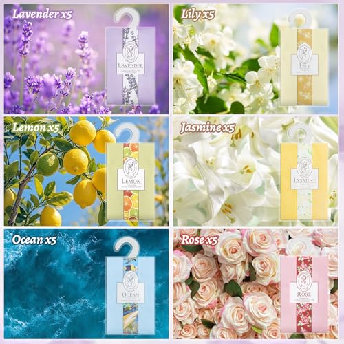 BREANIFULL 30 Pack Scented Sachet Bags Natural Mothproof Agent 6 Different Fragrances Wardrobe Freshener with Hanging Sachets Wardrobe Fresheners Bathroom Cart for Clothes Room Drawers Car