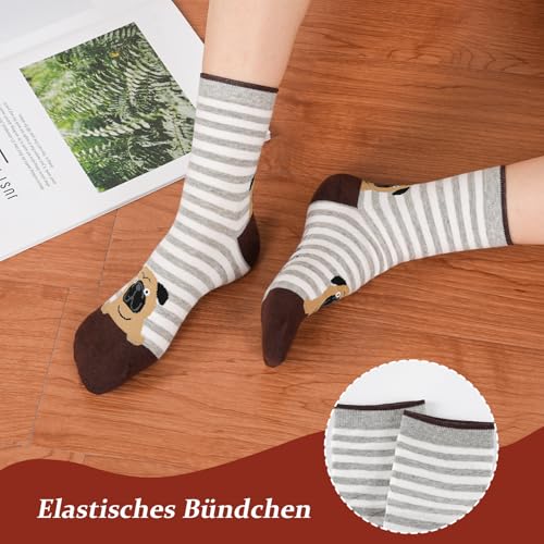 Niorasen Bunte Lustige Socken Damen aus Baumwolle 5 Paar, Neuheit Weihnachtssocken Katzensocken Motivsocken, Witzige Coole Süße Karikatur Tier Motiv Socken Geschenk für Frauen, Gestreifter Hund