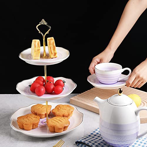 Sweejar 3 Tier Ceramic Cake Stand,Dessert Stand,Cupcake Stand,Tea Party Pastry Serving Platter,Food Display Stand for Tea/Coffee/Birthday/Wedding/Women/Afternoon/Gift - Purple - Thumbnail 5