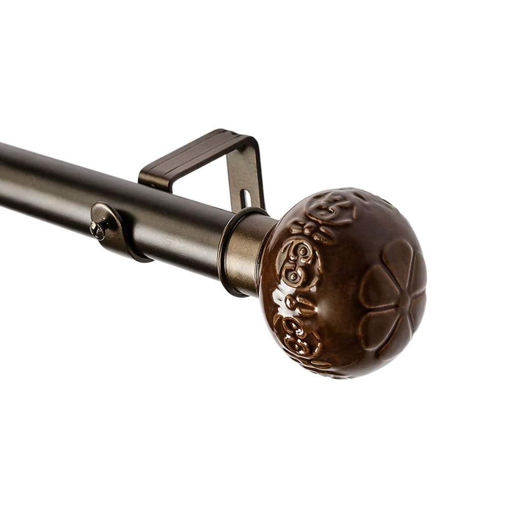 The Decor Mart 28"-48" Adjustable Curtain Rod for Door & Windows with Brackets Set Curtains Hanging Extendable Iron Metal Pipe Holder with Floral Emboss Ceramic Finial (Black, 0.75" Diameter)