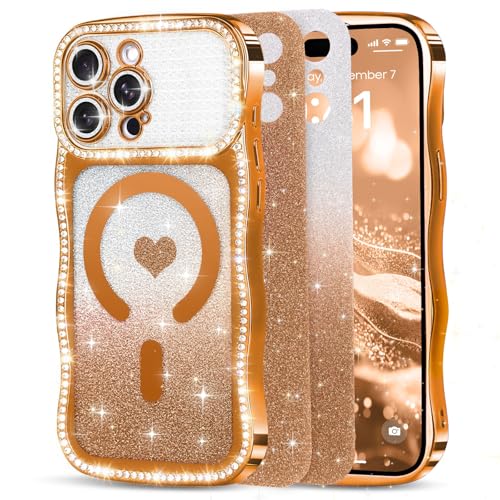 Amzfield Magnetic Phone Case for iPhone 15 Pro, Bling Shiny Sparkle, Orange - image 1