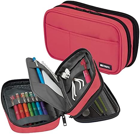 LIHIT LAB Large Capacity Double Zipper Pencil Case For School Office College, Big Capacity 6 Compartments Pencil Bag Holder Adults Teen Boys Girls, Travel Cosmetics Storage, Coral (A7555-103)
