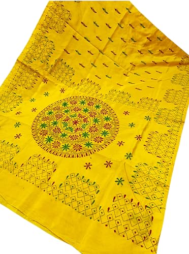 Image of SHRISTI CLOTHINGS Women's Hand Embroidered Cotton Silk Kantha Stitch Saree with Blouse Piece (SB4200924 YELLOWD93)