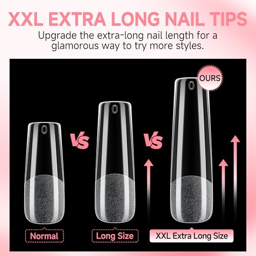 Image of UNA GELLA Nail Tips Square XXL Long: Full Cover Pre-file Square Straignt Gel Nail Tips No C Curve for DIY Press On Nails 216PCS, 12 Sizes Gel Nail Extensions Art Salon