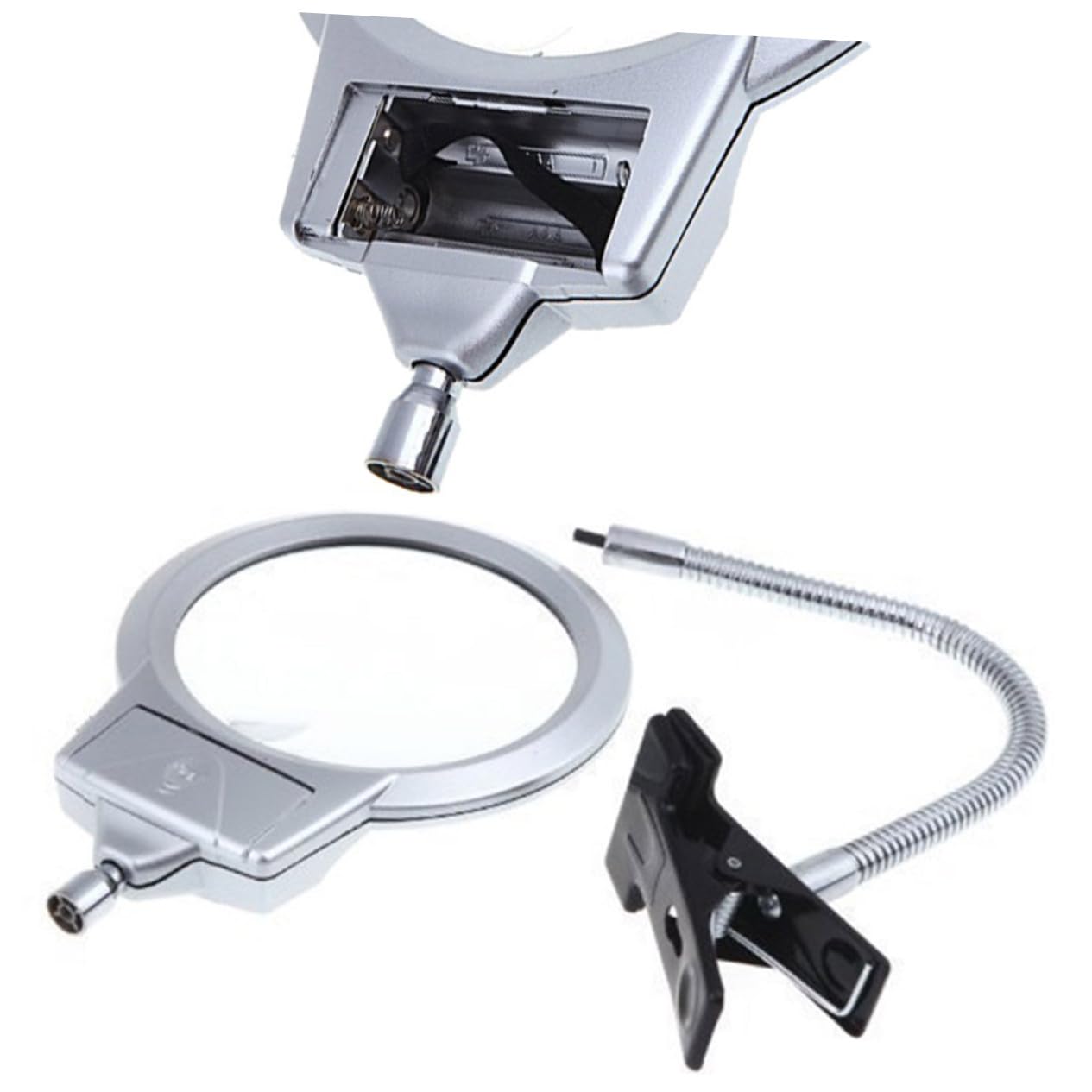 LED Lupenlampe mit Klemme, Flexibler Metall Schwanenhals | Kunststoff und Metall, Positionierbares Licht mit Vergrößerung, für Zuhause und Büro, 2 Batterien