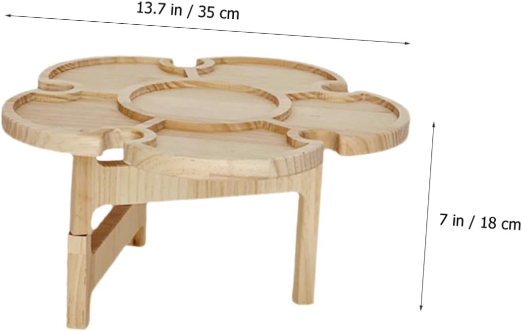 Portable Folding Wine Table Outdoor Picnic Beach Table Wooden Tray 35cm Diameter Multi-Function Wine Holder for Camping and Barbecue