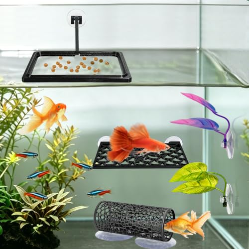 Betta Hammock & Fish Enclosure Accessories Set- Frond Hammock, Swim Tunnel, Feeding Station, Black...