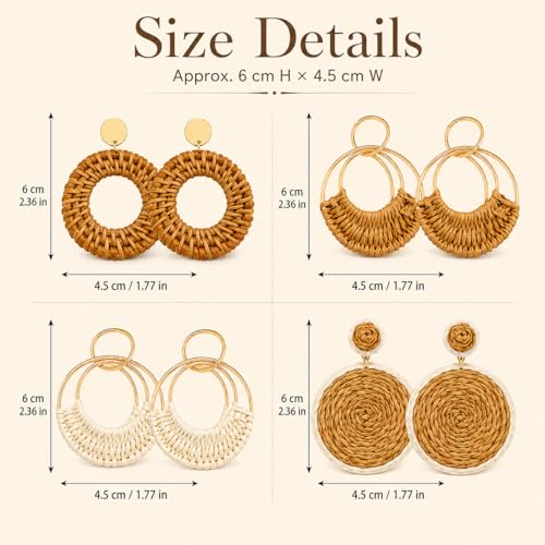 4PCS Bohemian Beach Rattan Woven Earrings, Handmade Straw Dangle Earrings with Gold Hoop, Lightweight Statement Earrings Set by MTAADSO - Used condition - Image 2