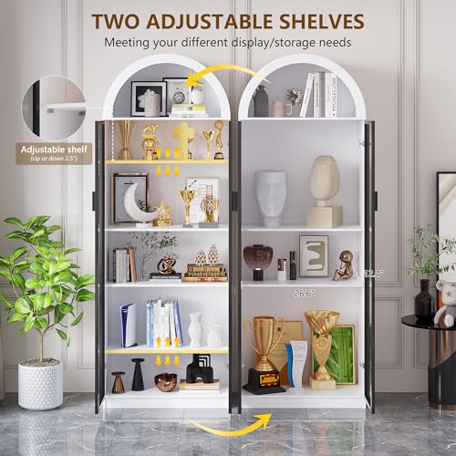 Display Cabinet with Doors and Adjustable Shelves, 76" Tall Display Case with LED Lights/Arch Storage Space, 6 Tier Bookcase for Collectibles Bedroom Living Room Office, White